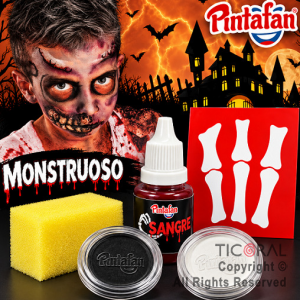 KIT MAQUILLAJE ARTISTICO MONSTRUOSO (616-06) NEGRO Y BLANCO (4 GR)+STENCIL+ESPONJA+SANGRE